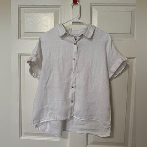 White Linen Button Up Short Sleeve Top